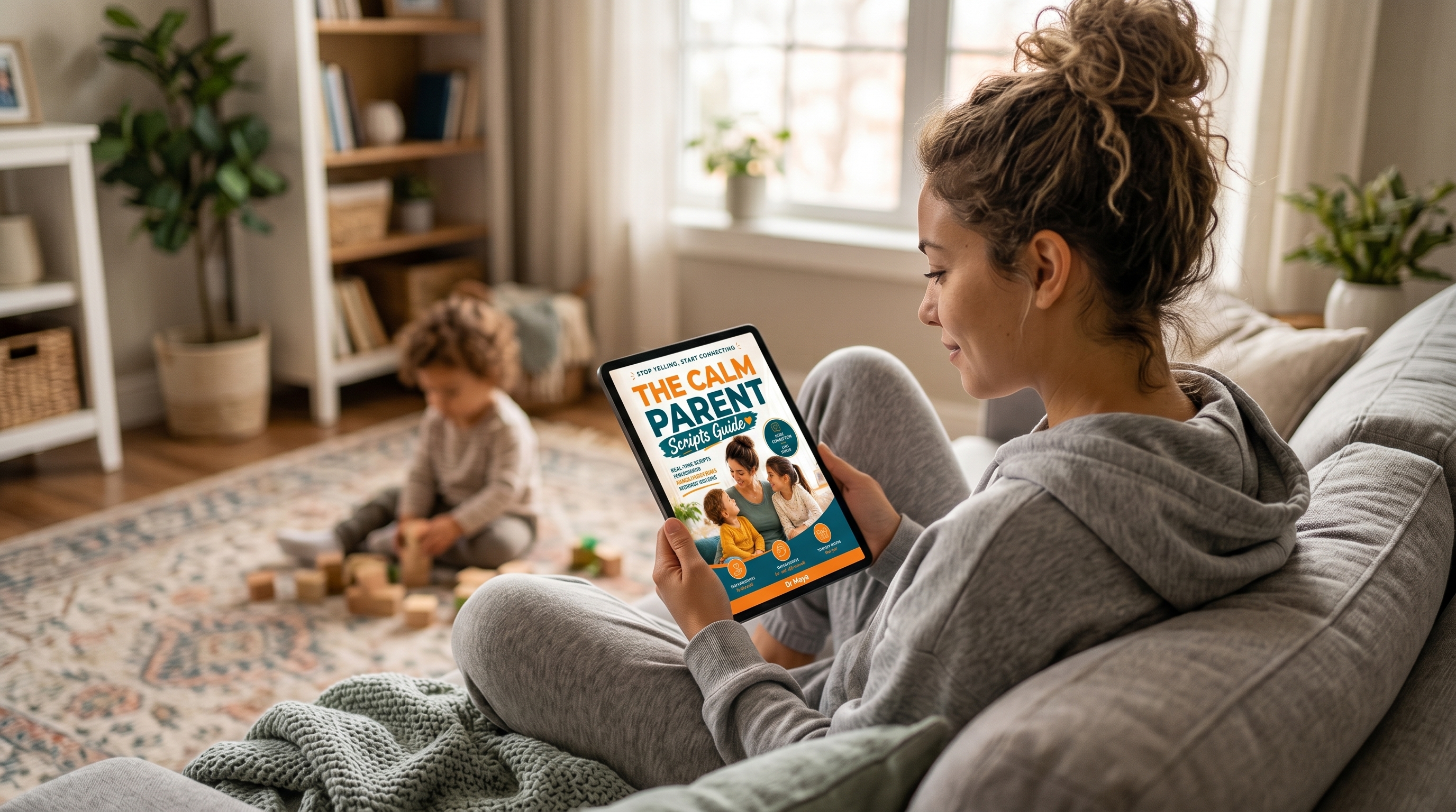 Mom relaxing on couch reading The Calm Parent Scripts Guide on her iPad while her young child plays happily in the background